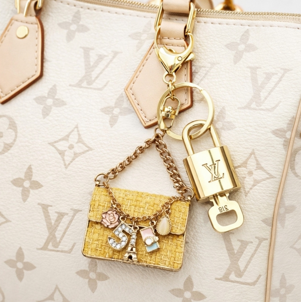 Louis Vuitton Gold Lock 🔒 Authentic LV Key + Unbranded Tweed Bag Charm